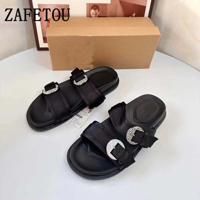 Zafetou Thick Bottom Women's Sandals Summer New Products Round Toe Water Drill Buckle With Exposed Toes Shoes Woman 2024 Trend