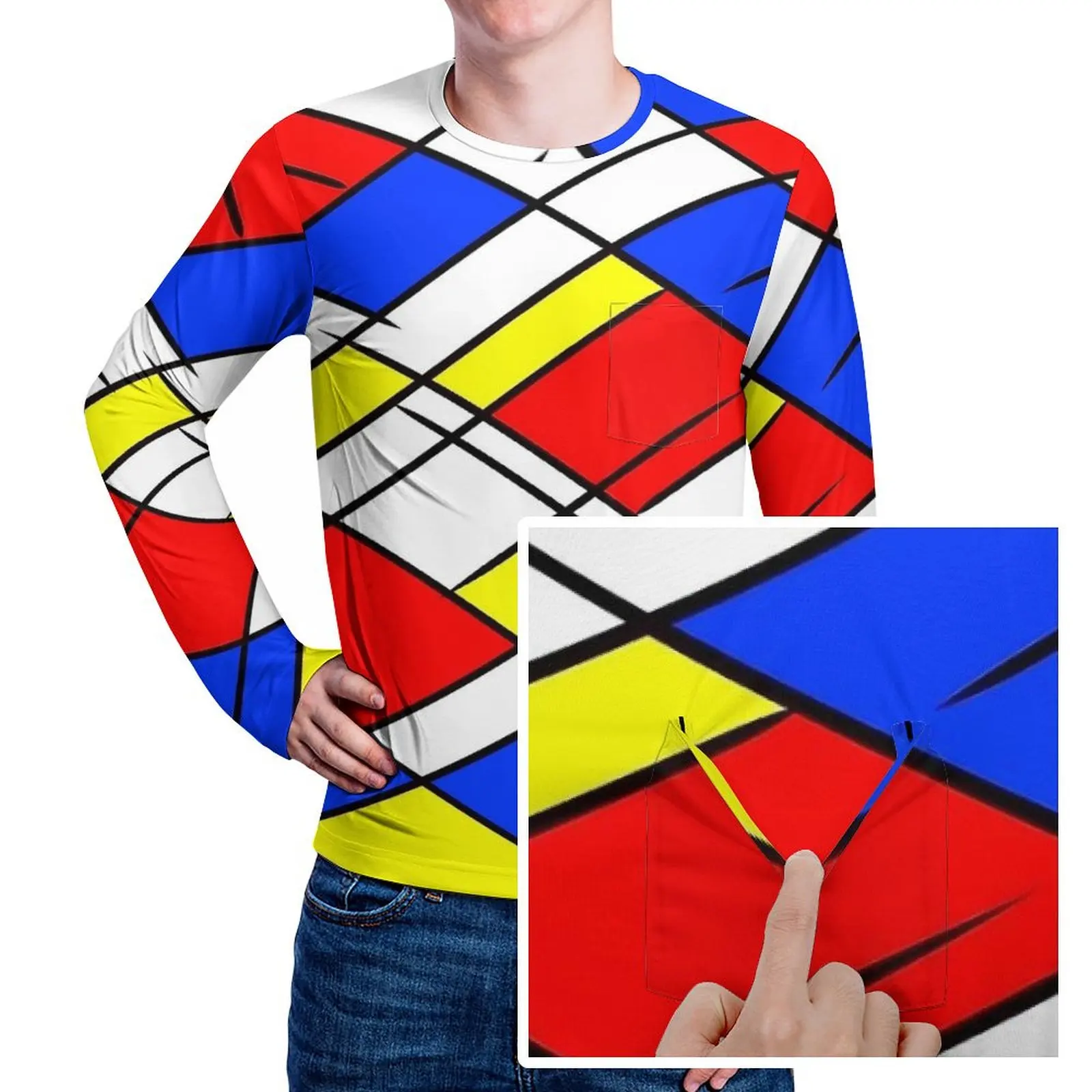 Red Yellow And Blue Mondrian T-Shirt Men  Basic T-Shirts Spring Trending Tees Long Sleeve Graphic Plus Size Tops