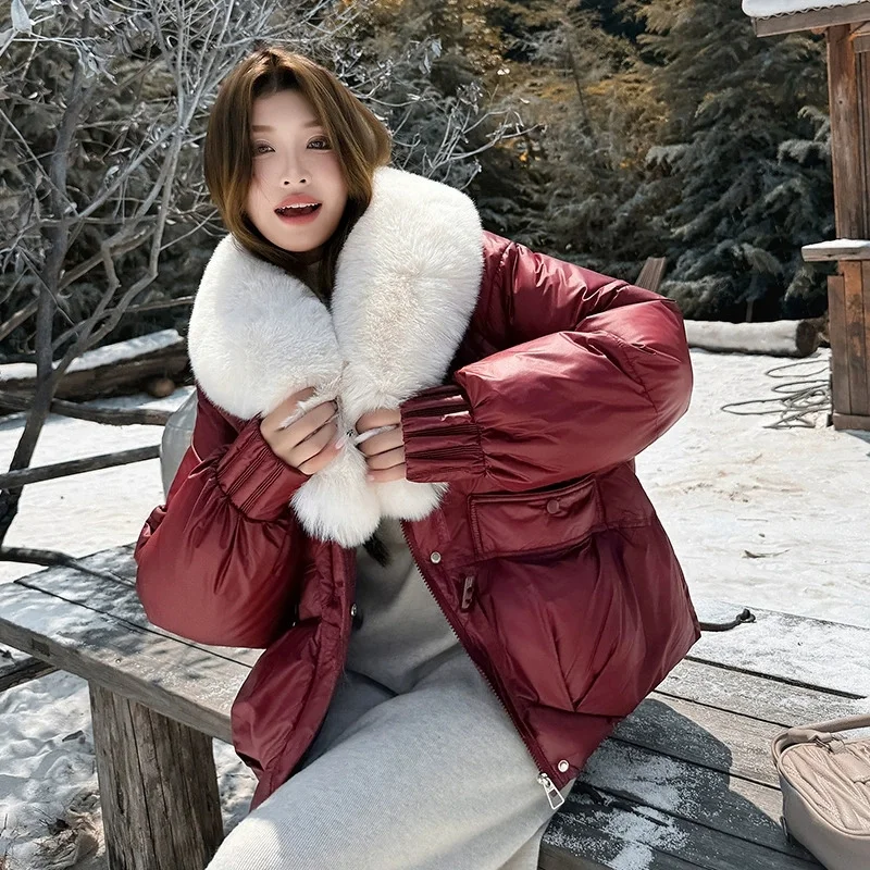 2025 Winter Women Down Cotton Coat Street Imitation Fur Collar Hooded Short Cotton Padded Jacket Female Basic Snow Warm Overcoat