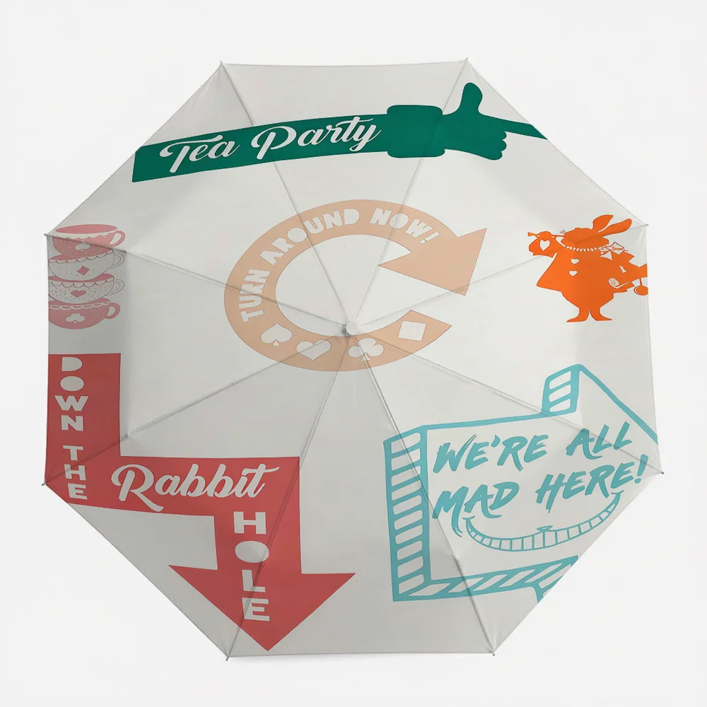 

Disney Alice in Wonderland Tea Party Automatic Folding Umbrella, "We're All Mad Here" Cheshire Cat and White Rabbit Print Windpr