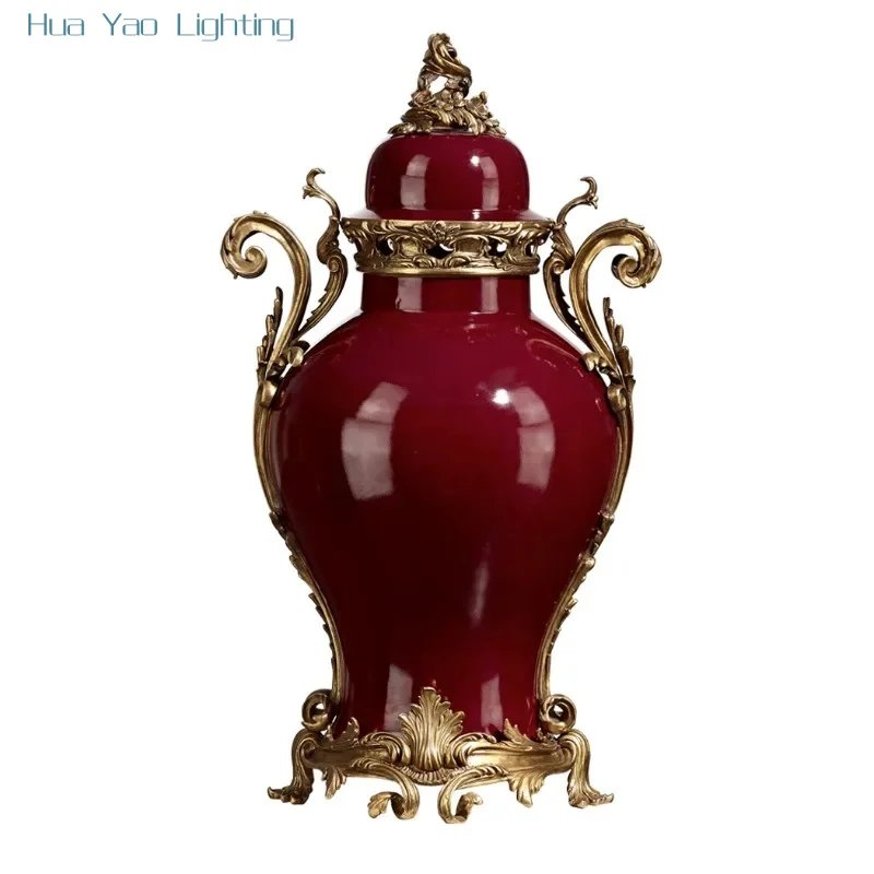Luxury European Style, Floor-To-Ceiling Decoration, Large Ornament, Vase, Red Pottery Storage Jar, Soft Decoration With Lid Jar.