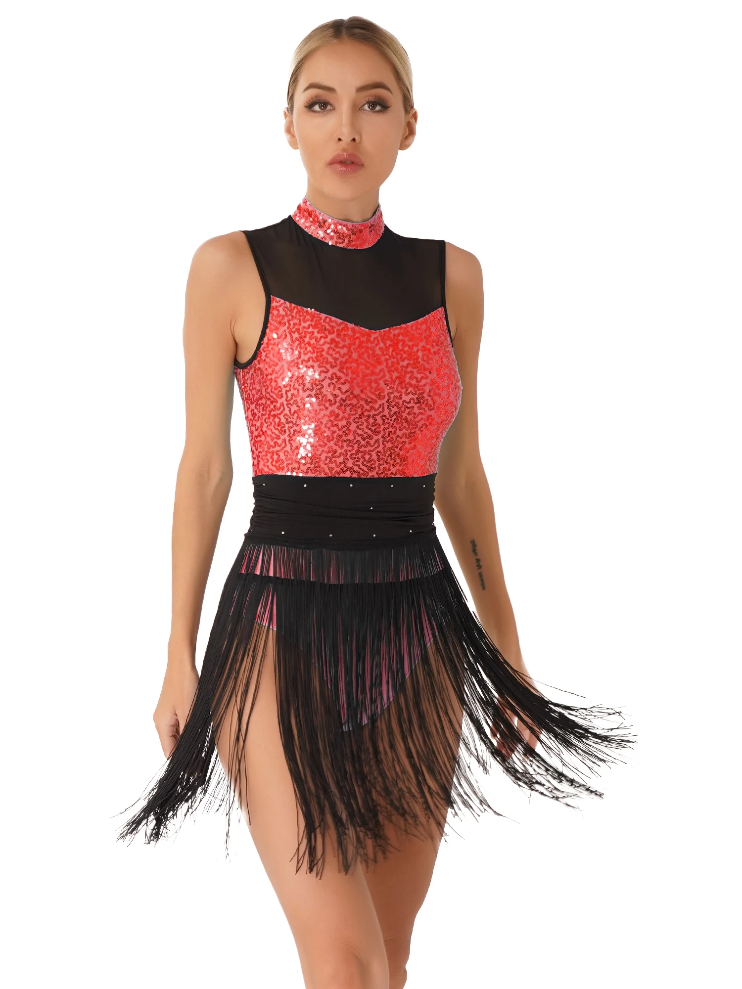 Mulheres Vestido de Dança Latina Glittery Lantejoula Sheer Malha Tassel Collant Vestidos Dancewear para Ballroom Lyrical Dance Stage Performance