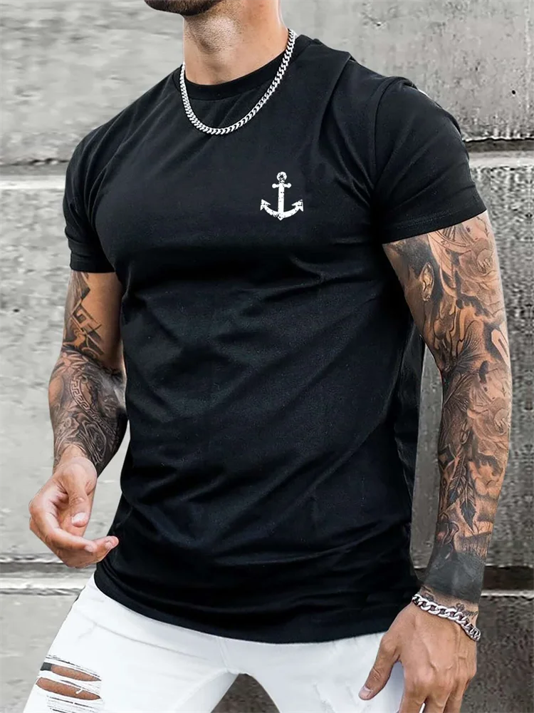 Fashion Anchor Print O-Neck Tshirt Men Casual Cotton Short Sleeve For Spring Summer Harajuku Female Loose Tee Streetwear Tops