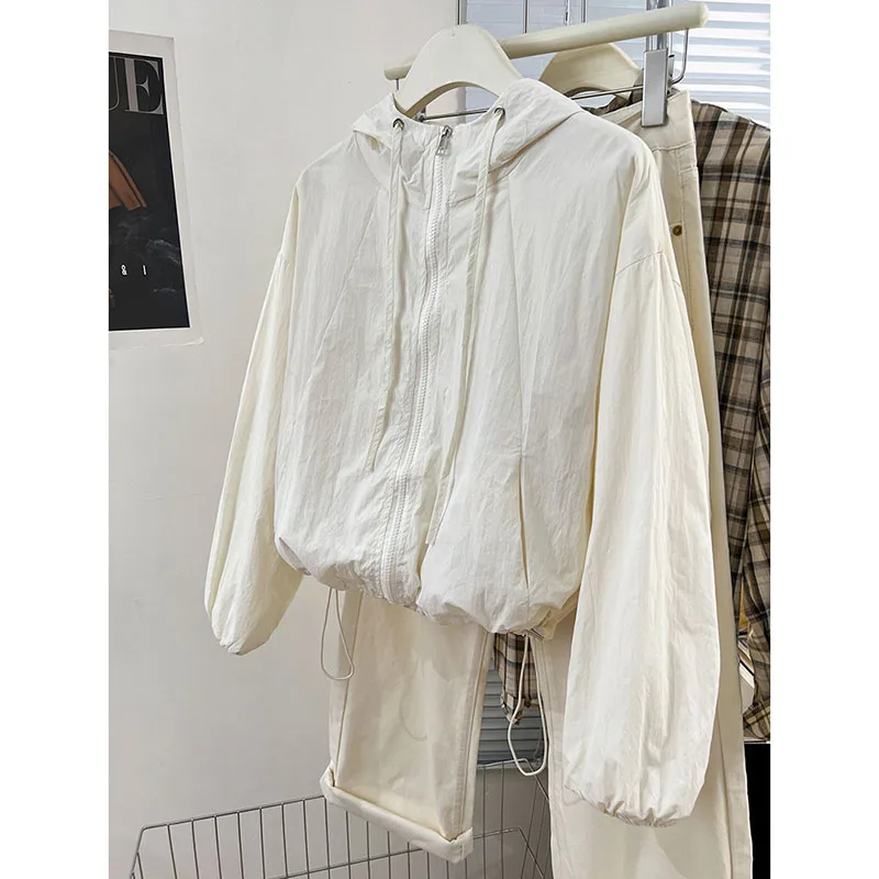 Sonnenschutzkleidung mit Kordelzug, langärmelig, UV-Schutz, Sonnenschutzoberteil mit Kapuze, langärmeliger Sonnenschutzmantel im koreanischen Stil