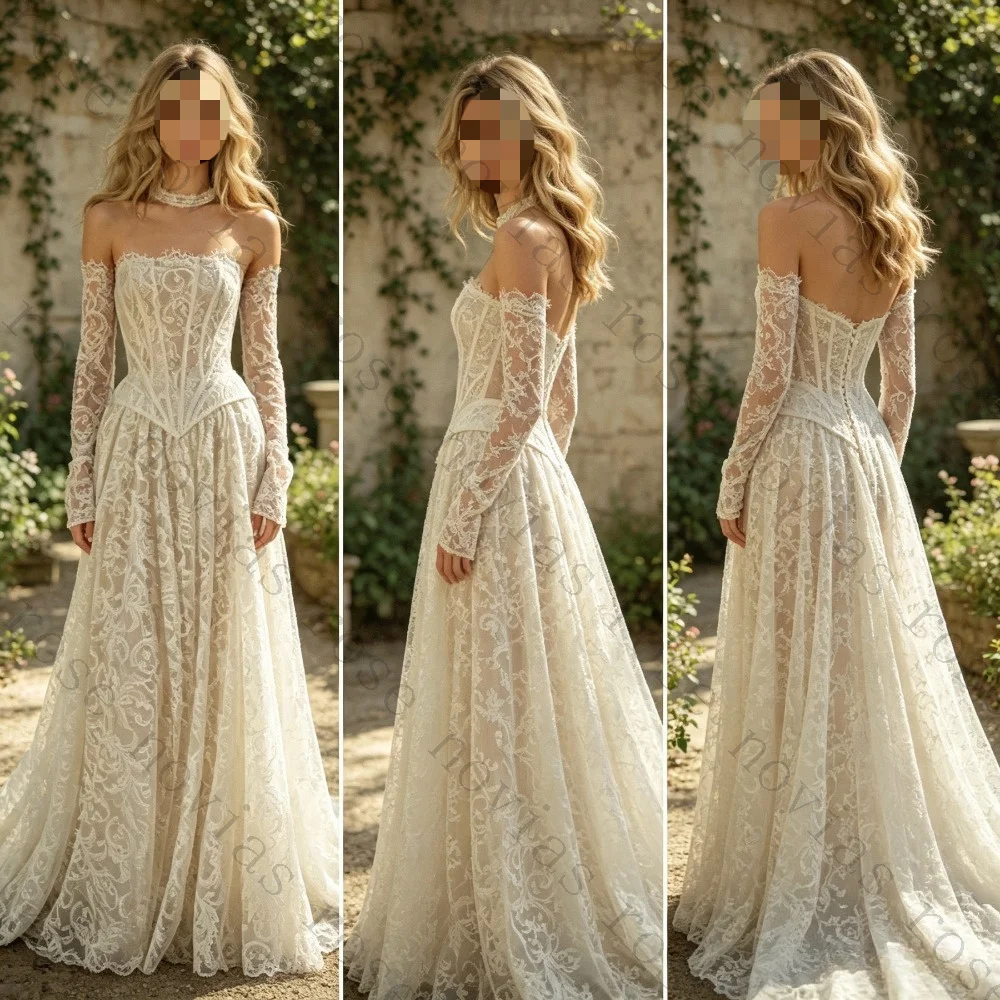 Customized Vintage Romantic Sheer Floral A Line Wedding Dress Off Shoulder Straight Sweep Train Corset Lace Sleeve Bridal Gown