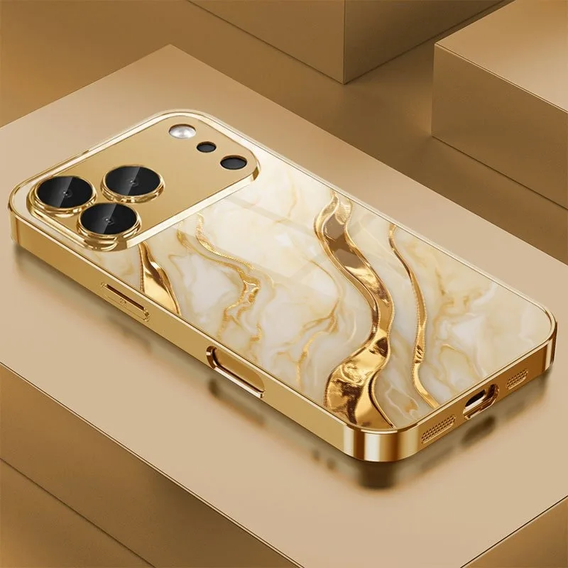 Capa de Celular de Vidro Temperado com Pintura Metálica Dourada Ondas de Mármore Dourado para iPhone 17 Pro Max 11 12 13 14 15 16 Plus 17 Air 16E