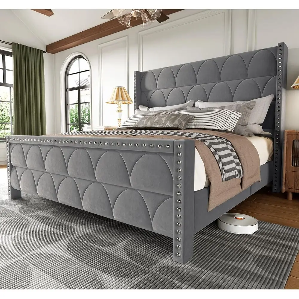 

Velvet Wingback Platform Bed with 56 Headboard, King Size, Deep Gray, Noiseless, Sturdy Wooden Slat Support