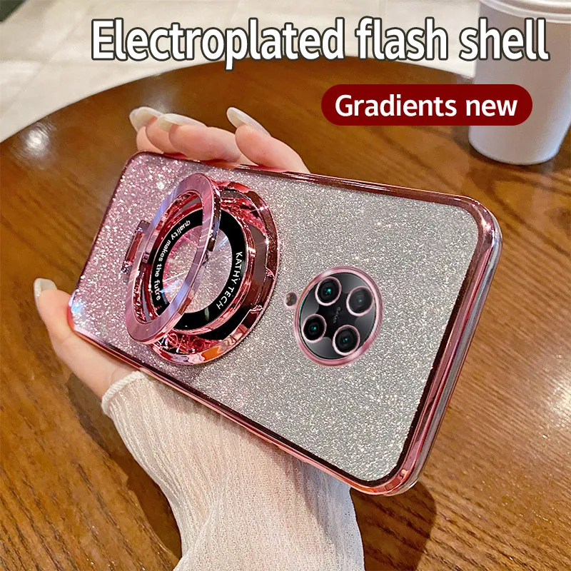 Voor Xiaomi Poco F2 Pro Behuizing Galvaniseren Zachte Glitter TPU Telefoon Terug Luxe Cover Xiaomi F2Pro Telefoon Case Beugel Magnetische