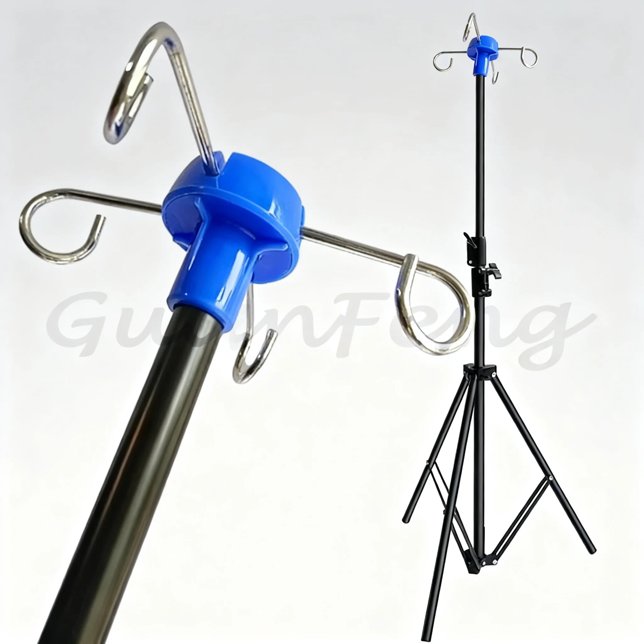 Foldable intravenous infusion stand, height adjustable metal venous rod with 4 hooks, fixed base intravenous drip device