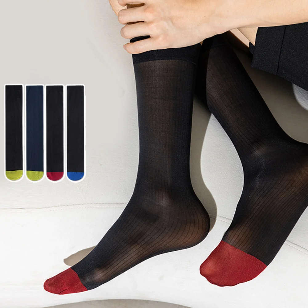 

Elastic Stripe Men Thin Dress Tube Socks Sheer Middle Tube Patchwork Business Stockings Translucent Mid-calf Summer