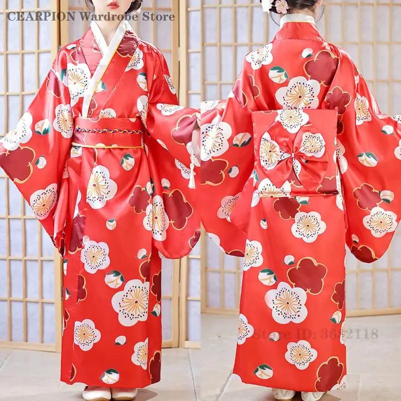 

Kids Girls Kimono Gown Yukata with Obi Classic Novelty Traditional Japanese Kimonos Print Flower Satin Bath Robe Evening Dress