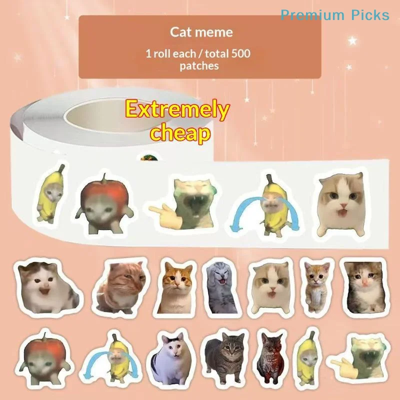 portableFunny Cat Meme Sticker Roll Cute Removable Self Adhesive Decals for Scrapbooking Laptop Bicycle Handmade Art Projects