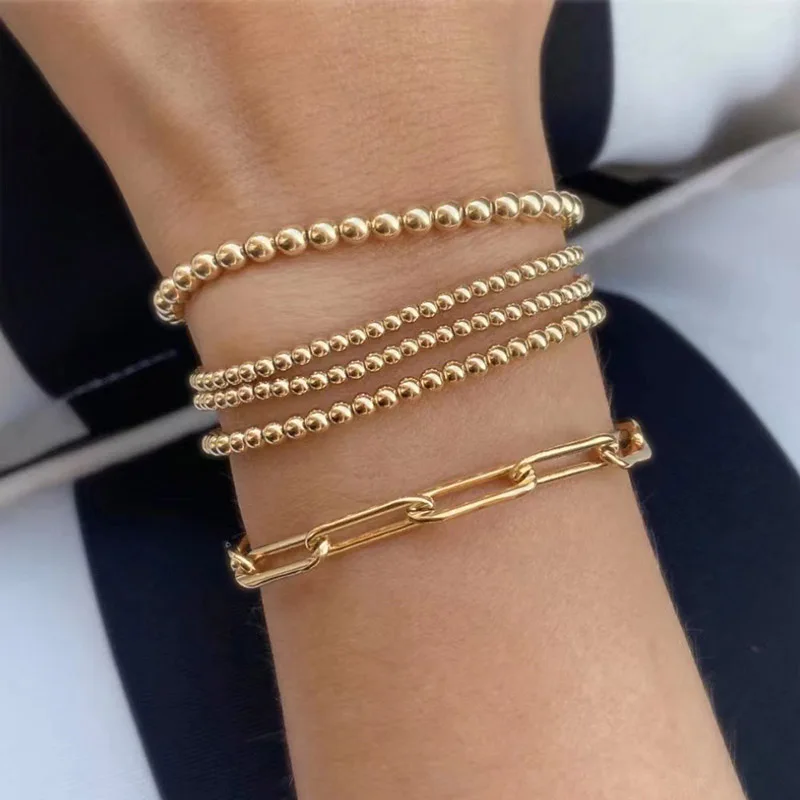 New Stainless Steel Beaded Bracelet 14k Gold Plated Round Beads Stretchable Elastic Bracelet for Women Handmade Jewelry Gift