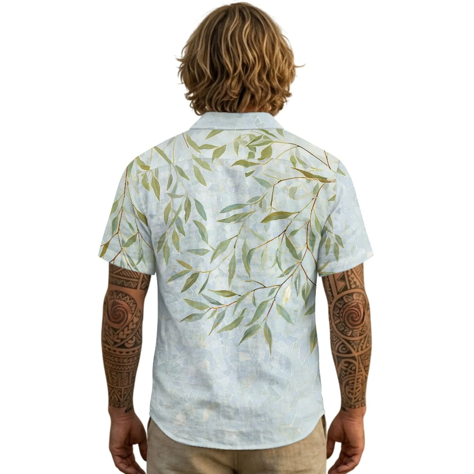PENSTROLL Hanging Leaf Print Linen Like short sleeved shirt for Wedding Single Breasted Button Down Shirt Male Tops