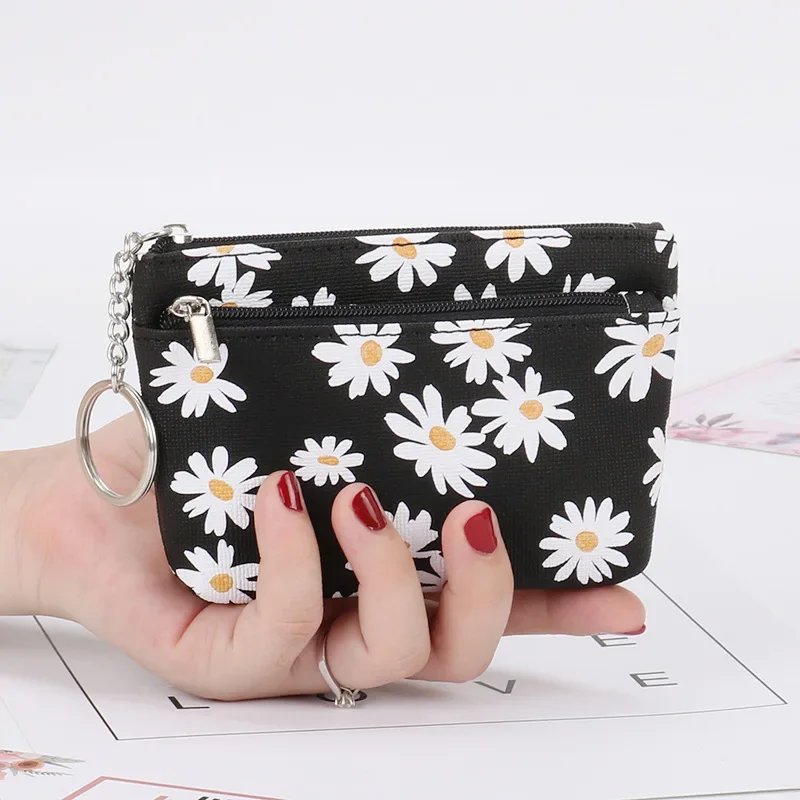 Monedero de cuero para mujer, cartera con ranuras para tarjetas, bolsas para dinero con margaritas y flores, monederos para cambio, Mini billeteras para niños, llavero