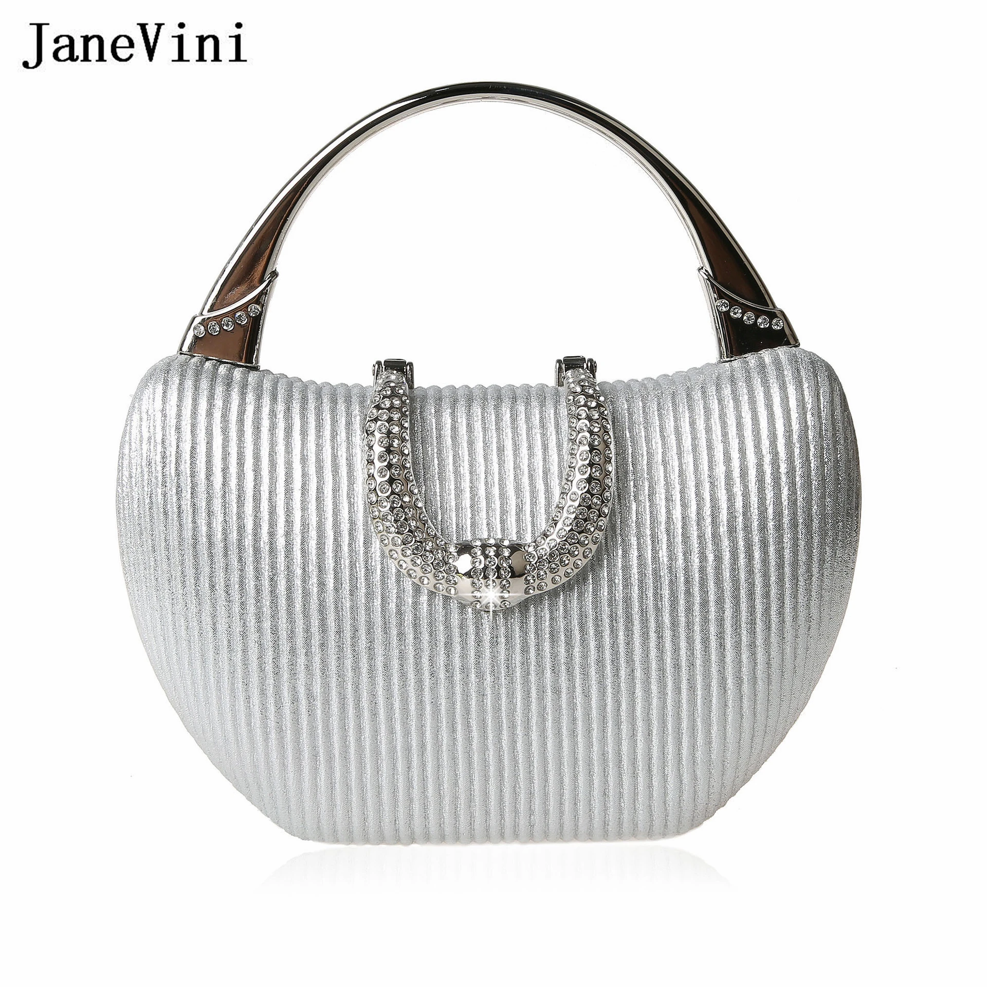 JaneVini Chic Silver Women Handbag Hand-held Dinner Bag Clutch Evening Party Wedding Crystal Ladies Cell Phone Pocket Purse New