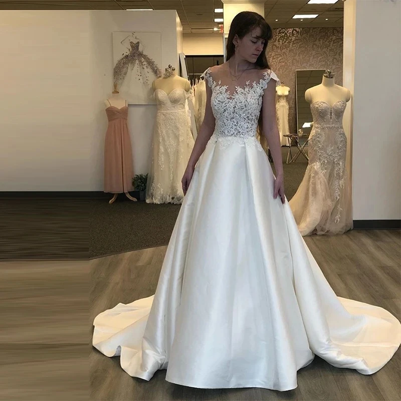 

2023 Cap Sleeves Backless Satin Elegant Wedding Dress Robe De Mariee Boho Wedding Gowns Vestido De Novia