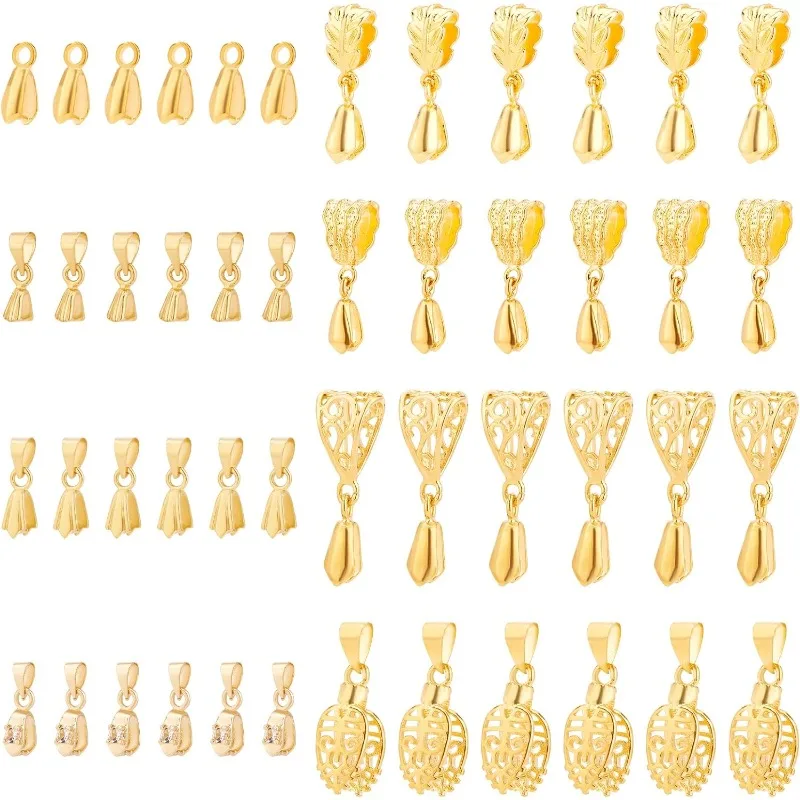 

48Pcs 8 Style Brass Pendant Pinch Bails Ice Pick Pinch Bail 12~18x3~10mm Bead Pendant Connector Filigree Rack Plating Jewelry