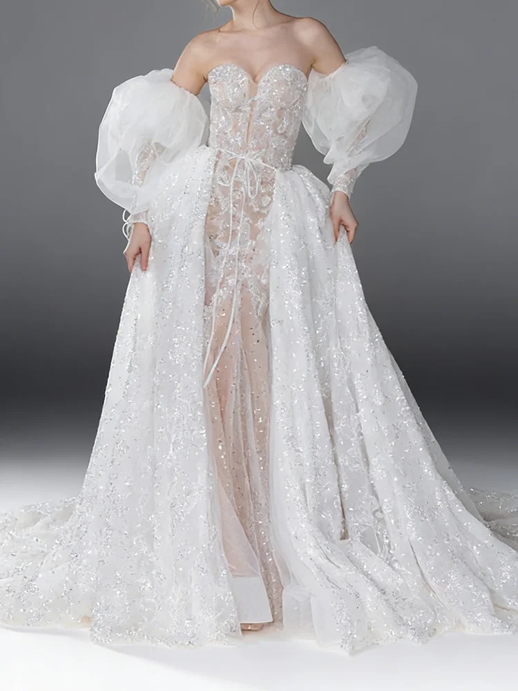 أنيقة الحبيب مطرزة الخرز نفخة الأكمام حورية البحر فساتين زفاف العروس أثواب الزفاف حسب الطلب