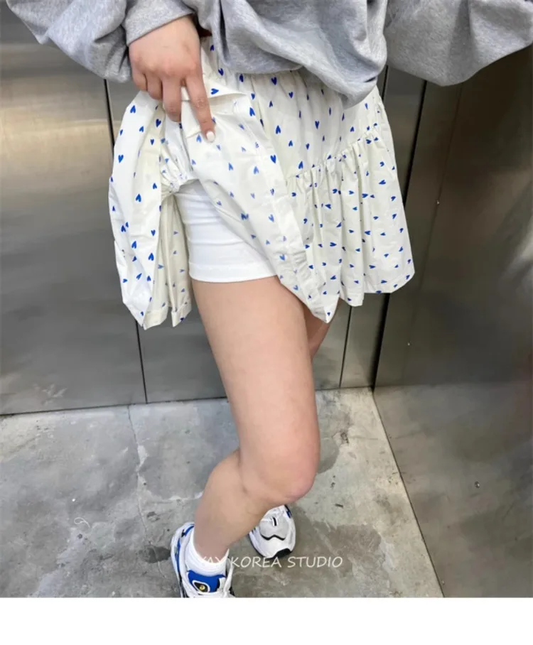 Simle Sweet Heart Print Skirt for Women 2024 Summer New Loose A-line Skirts Y2k E-Girl Elastic Waist Ruffles Faldas Mujer