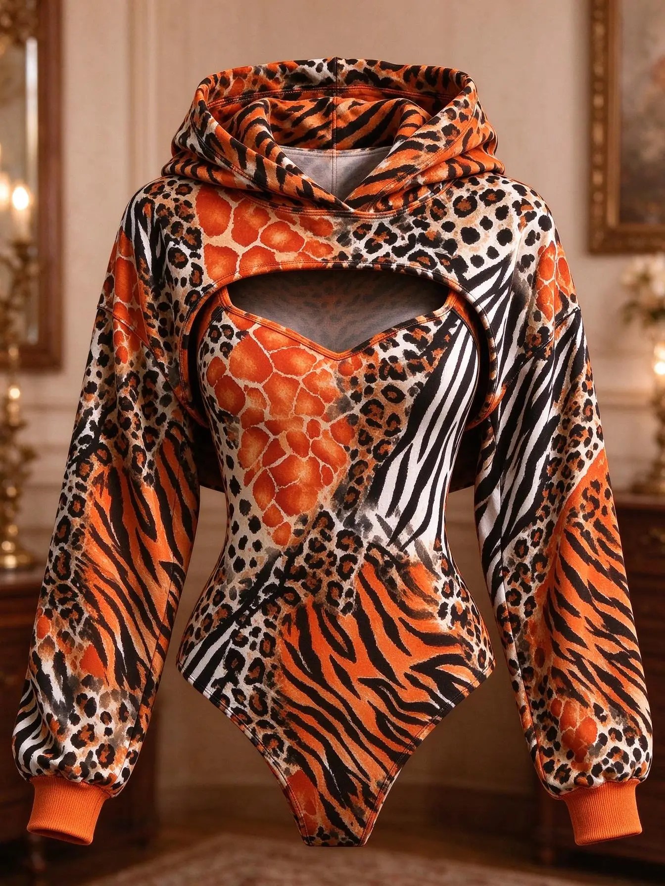Women Mixed Animal Print Double Hood Bodysuit Hollow Out Long Sleeve Hoodie