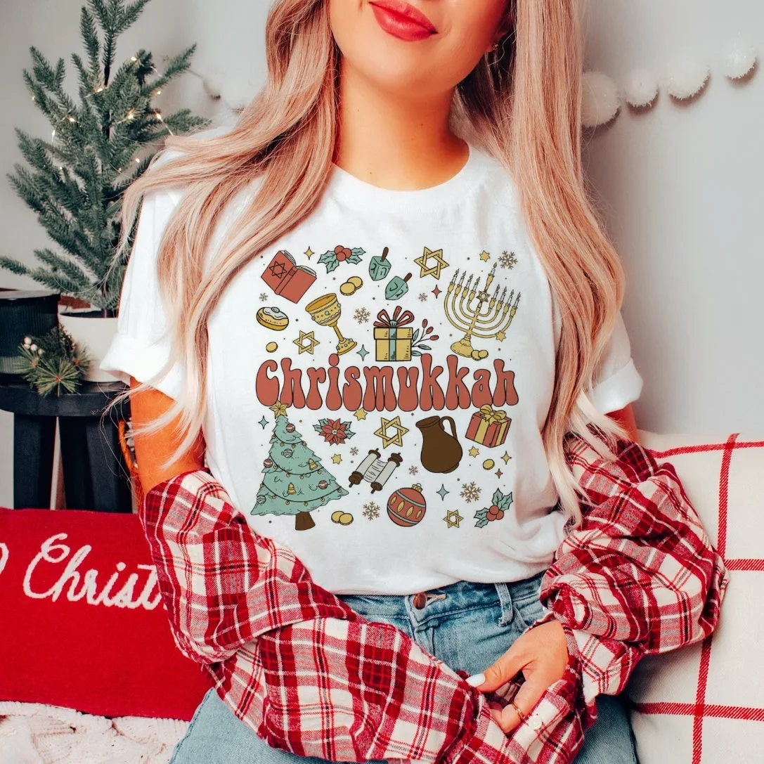 Chrismukkah Hanukkah Christmas Jewish Printed New Year's T-Shirt O-Neck Pattern Christmas Gift Women's Casual Style T-Shirt