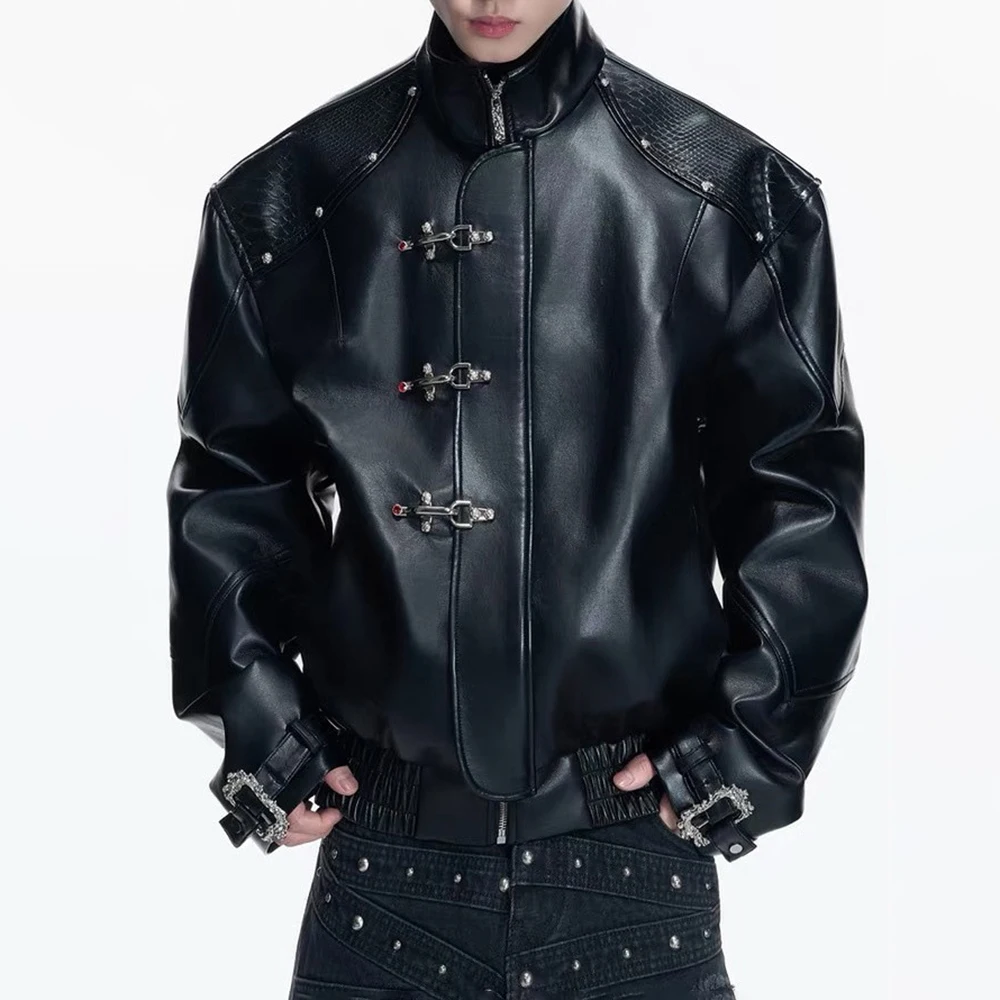 Mens Hook Buckle Snake Embossed Stand Collar Cropped Biker PU Jacket Streetwear Fashion Nightclub Stage Trend Lapel Outdoor Coat