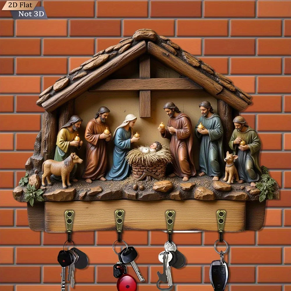 2D Flat, 1pc, Christmas Nativity scene style wooden multifunctional home Key hook with Keychain, with four metal hooks, wall
