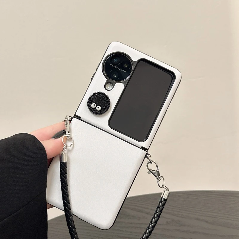 Cute Kawaii Cookie White Leather Phone Case with Handheld Rope for OPPO Find N3 Flip Find N2 Flip Shockproof Cover