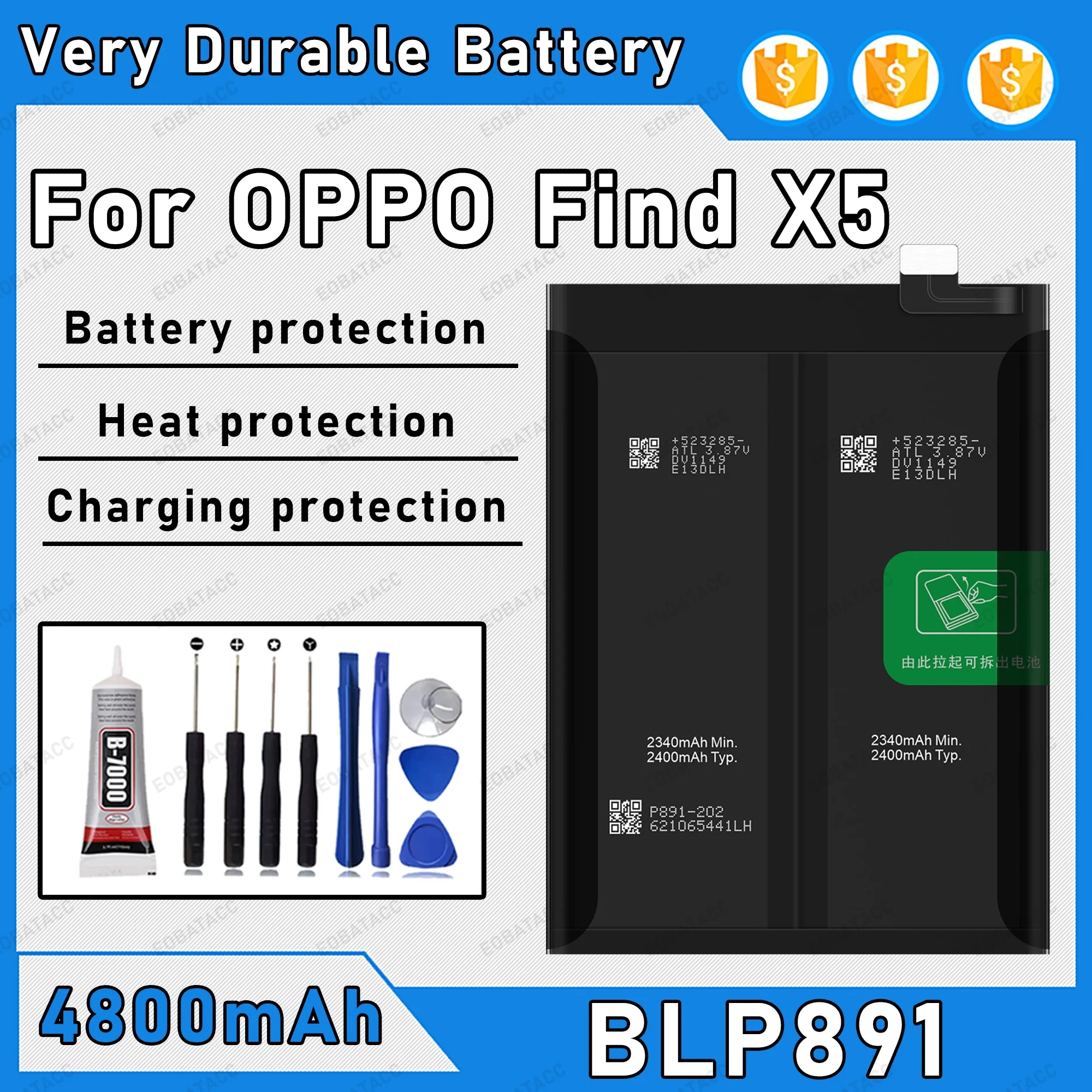 

4800mAh BLP891 Battery For OPPO Find X5 Replacement Bateria+Free Tools