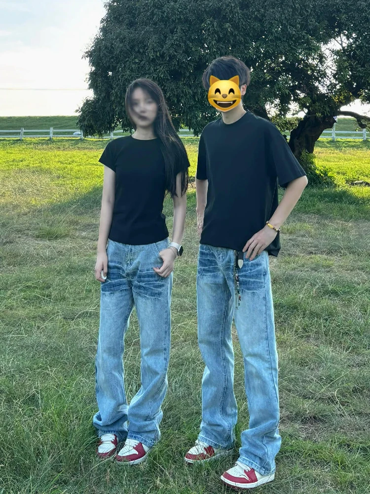 

Light Blue Thunder Pattern Bent Knife Jeans Men's American Vibe Straight Leg High Waist Slimming Flared Pants Youth Faion