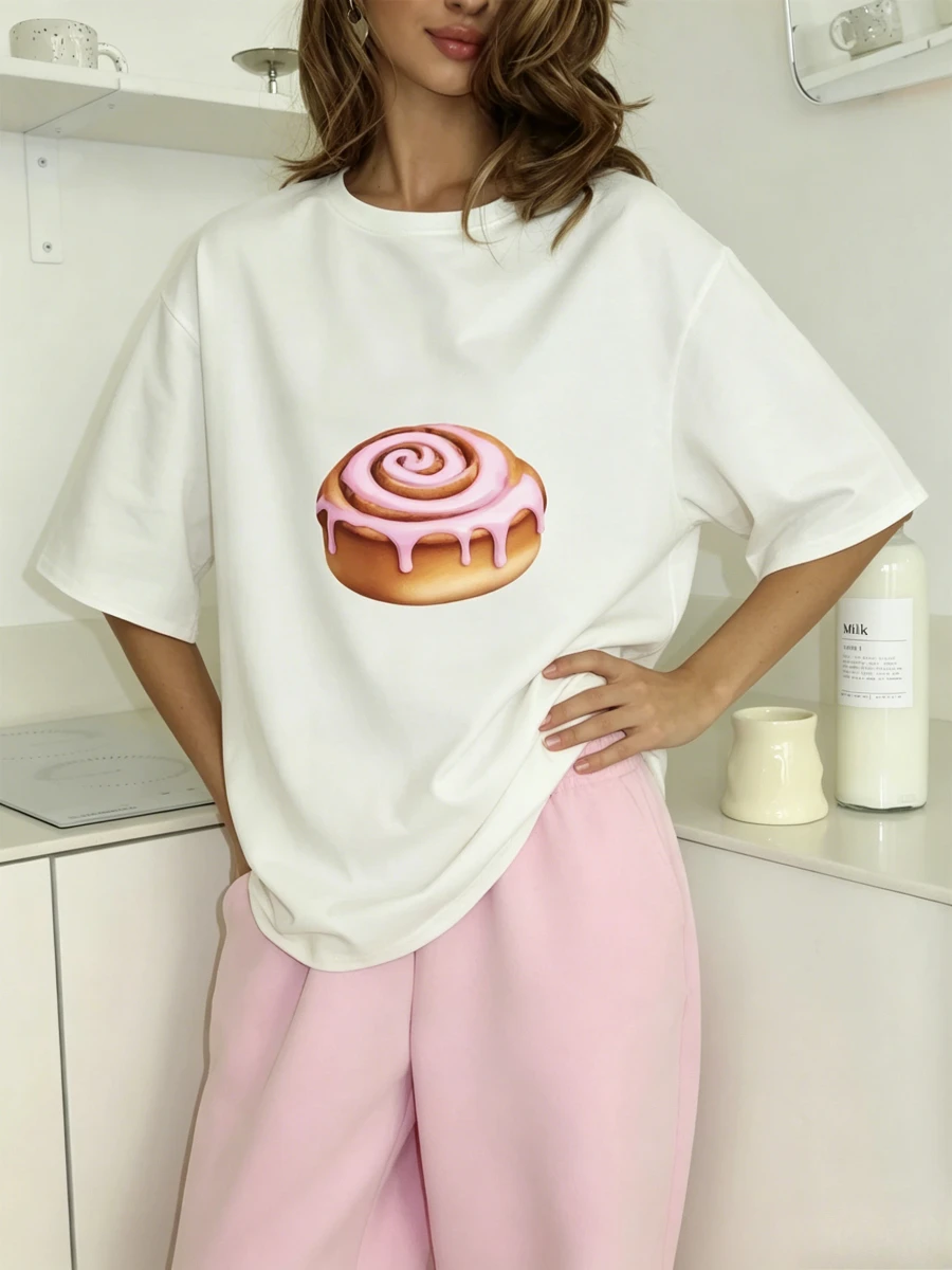 2026 Summer White Oversized T-Shirt Women Kawaii Cinnamon Roll Print Loose Casual Streetwear Cotton Tee