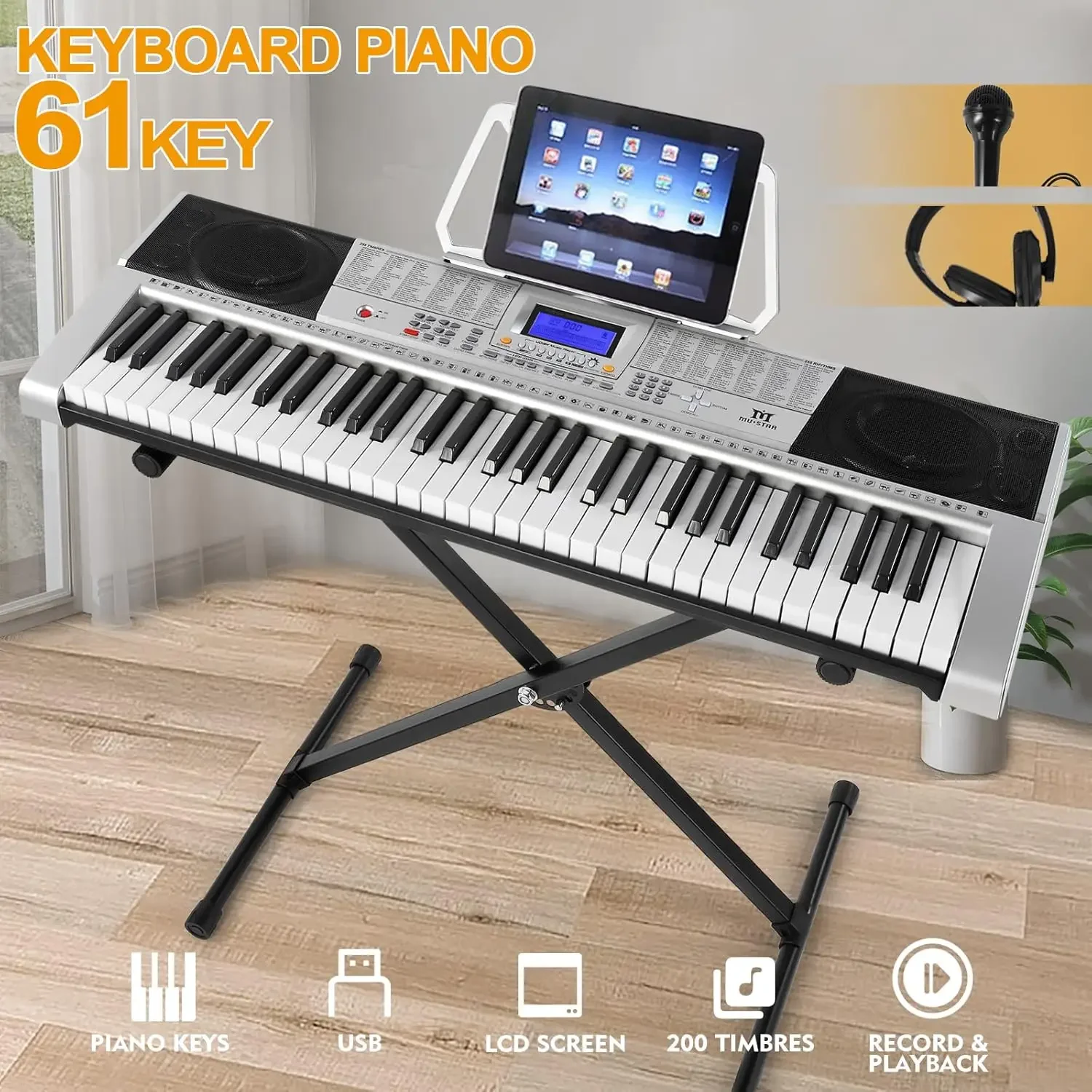 Teclado de piano de 61 teclas, teclado de piano eléctrico MEKS-400 con teclas iluminadas, teclados de aprendizaje para principiantes, Pia