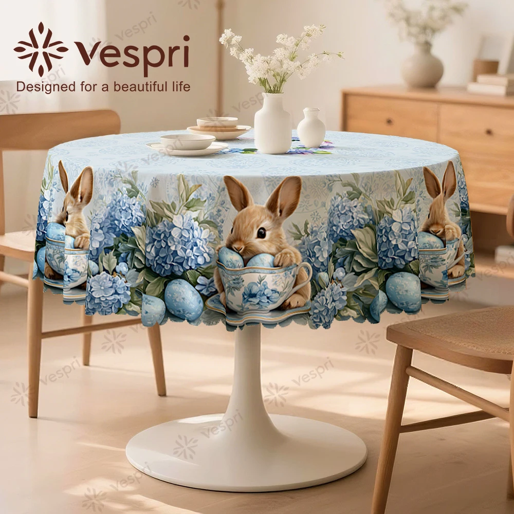 Vespri Easter Tablecloth Light Blue White Bunny Hydrangea Egg Pattern Polyester Decor for Party Festival
