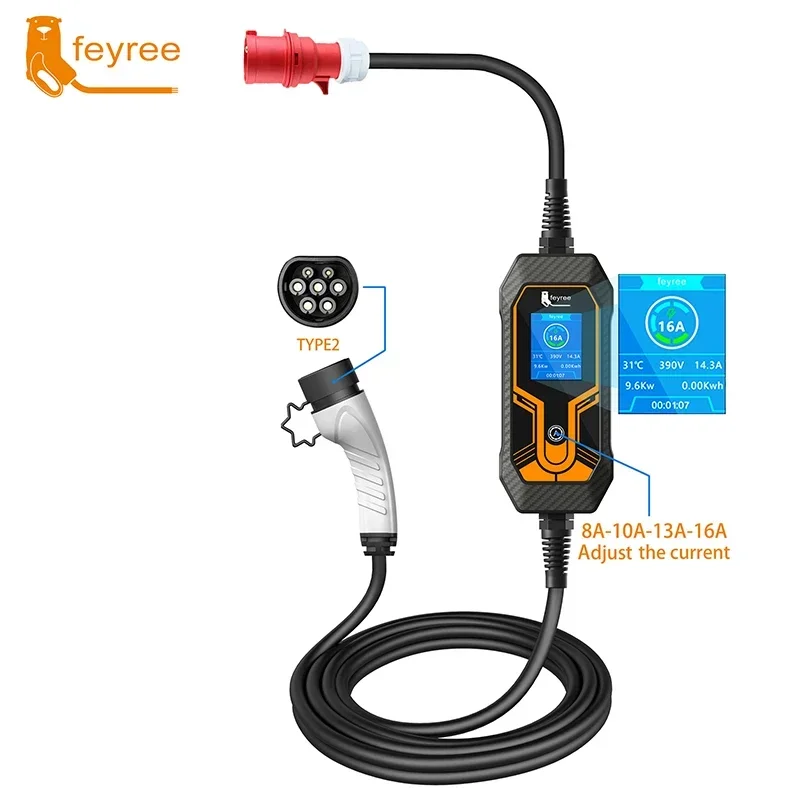 feyree 11KW 16A 3 Phase EV Portable Charger Type2 5M Cable EVSE Charging Box Electric Car Charger CEE Plug for Electric Vehicle