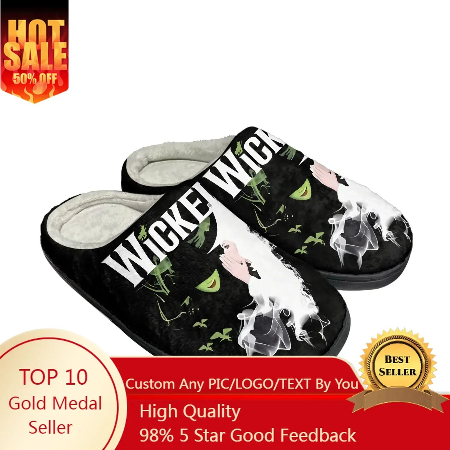 

WICKED He Musical Elphaba Wicked Witch of the West Home Cotton Slippers Mens Womens Plush Bedroom Keep Warm Indoor Custom Shoe