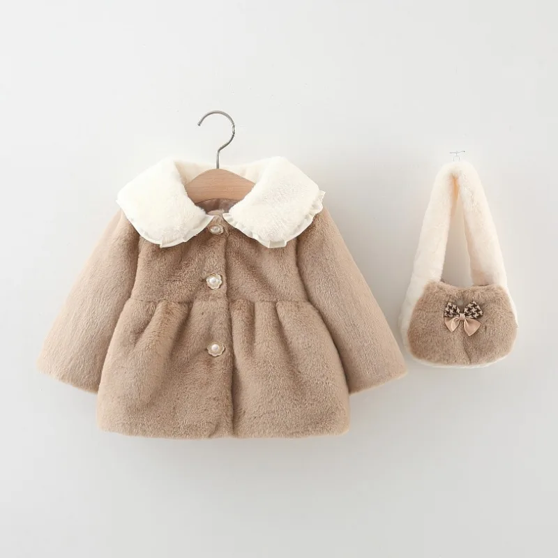 Girls' Winter Clothing 1 To 5 Yr Baby New Lace Fur Collar Sweater Jacket Girls Solid Color Princess Wool Sweater Free Handbag