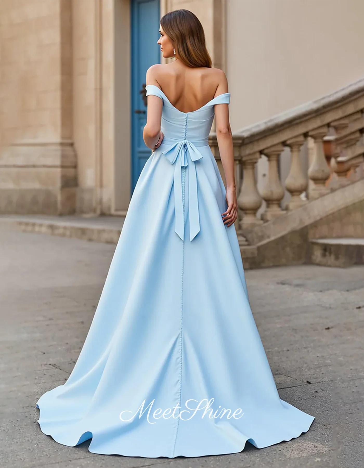 Abito da sera a trapezio con spalle scoperte azzurro cielo Abito da ballo formale da sposa in raso con scollo a cuore sexy senza schienale personalizzato