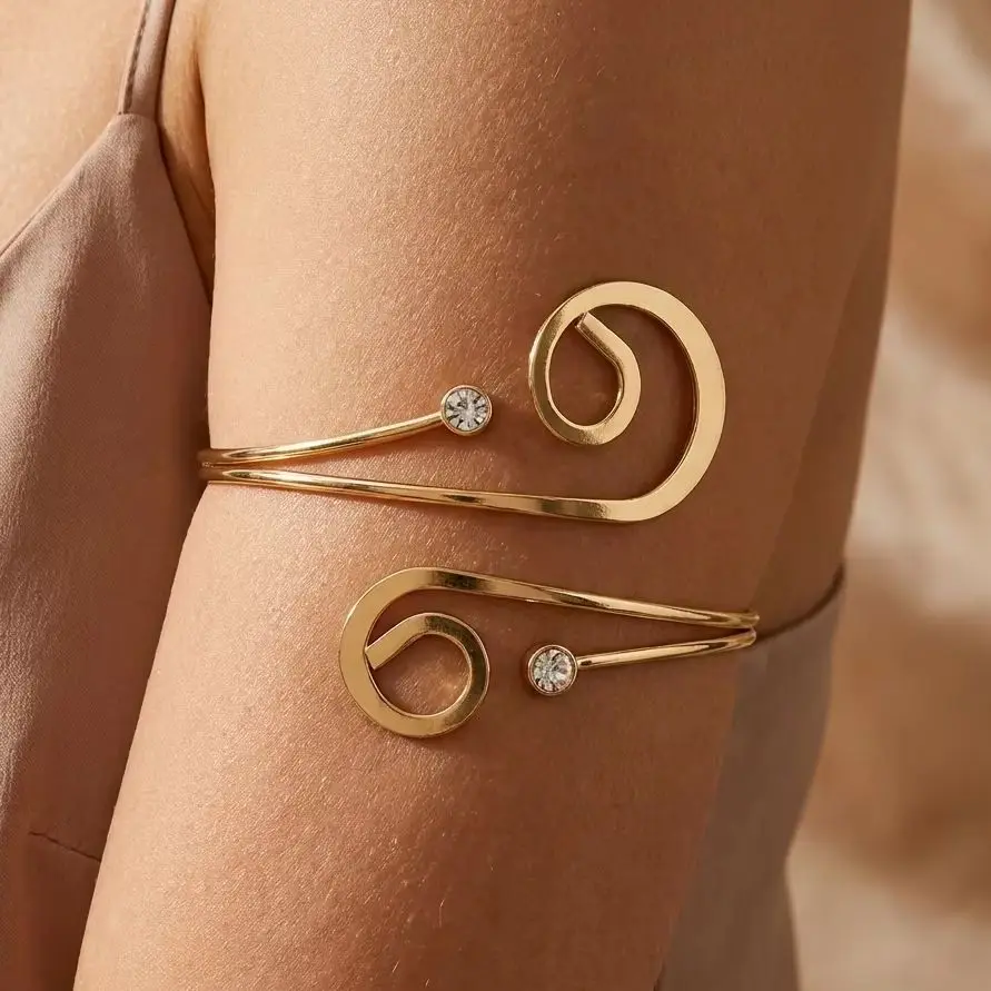 Punk Rhinestone Geometric Spiral Arm Cuff Bracelet for Women Gold Music Note Adjustable Open Bangle Vacation Jewelry Gift