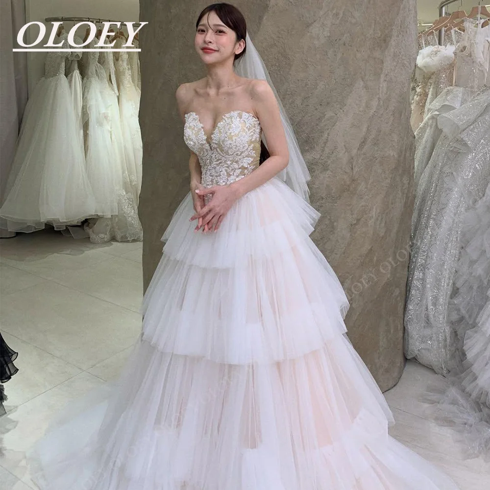 OLOEY Elegant Sweetheart Neck A-line Wedding Dresses Korea Photoshoot Lace Muti-layer Tulle Bridal Gown Customized Corset Back