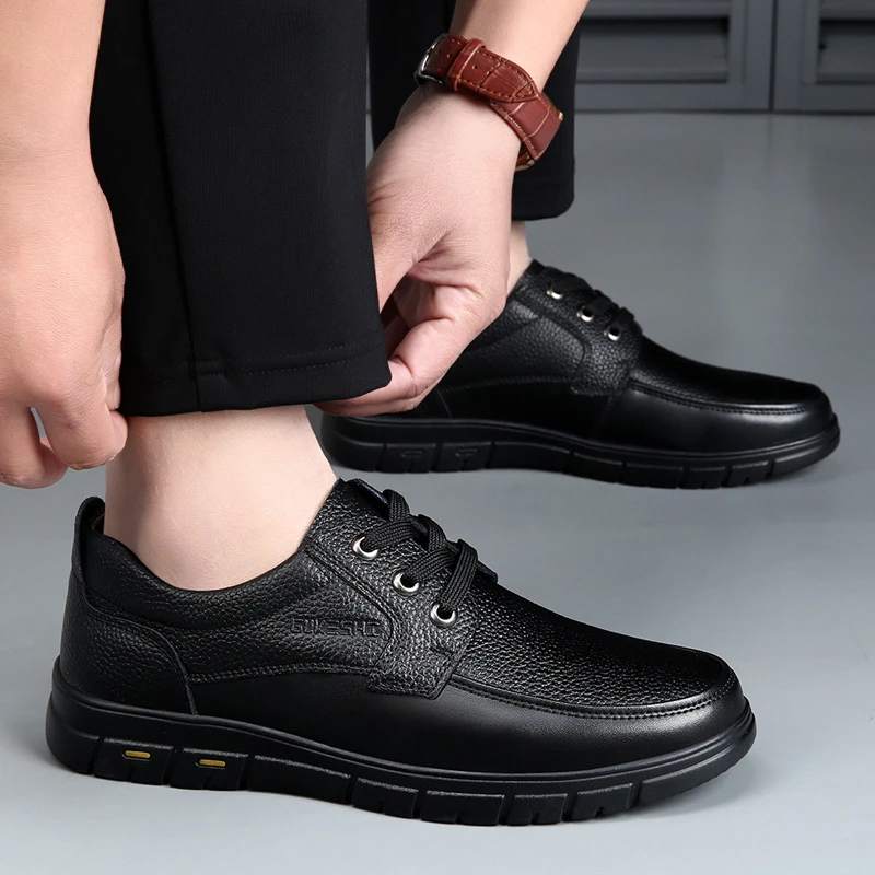 Mens Black Genuine Leather Lace Up Casual Shoes Soft Sole Comfortable Business Casual Footwear For Middle Aged Dad Non-slip