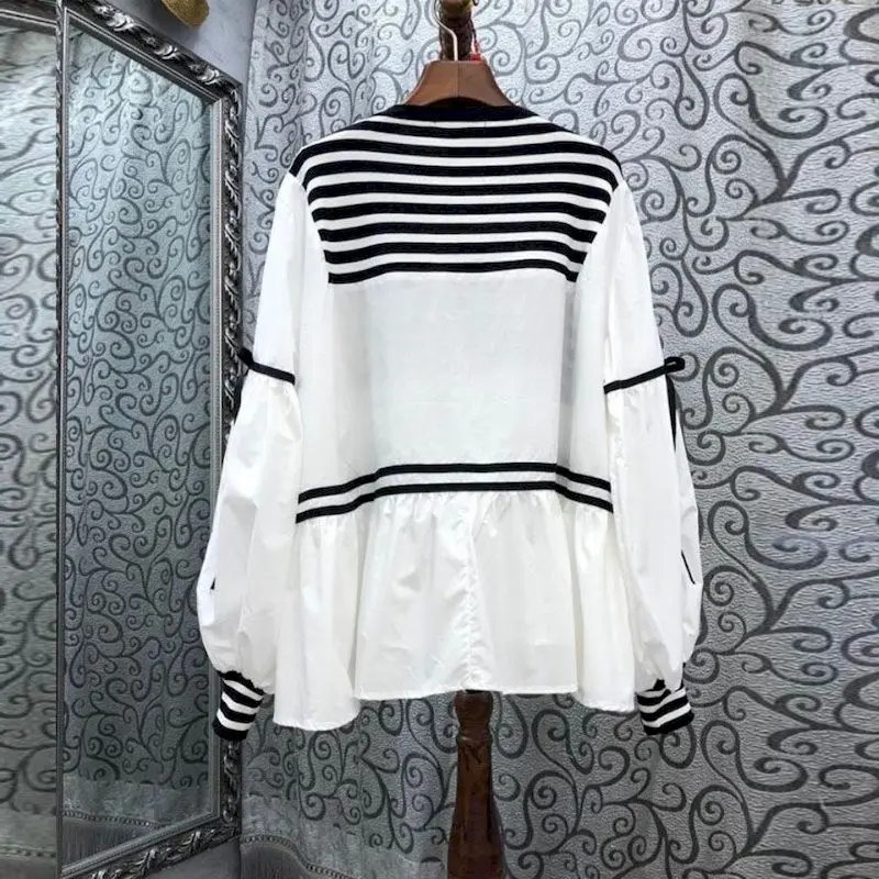 Striped Stitching Pullovers Women Fashion Loose Long Sleeve T Shirt 2024 Spring Autumn New Top Aesthetic Clothes Womens Pullover