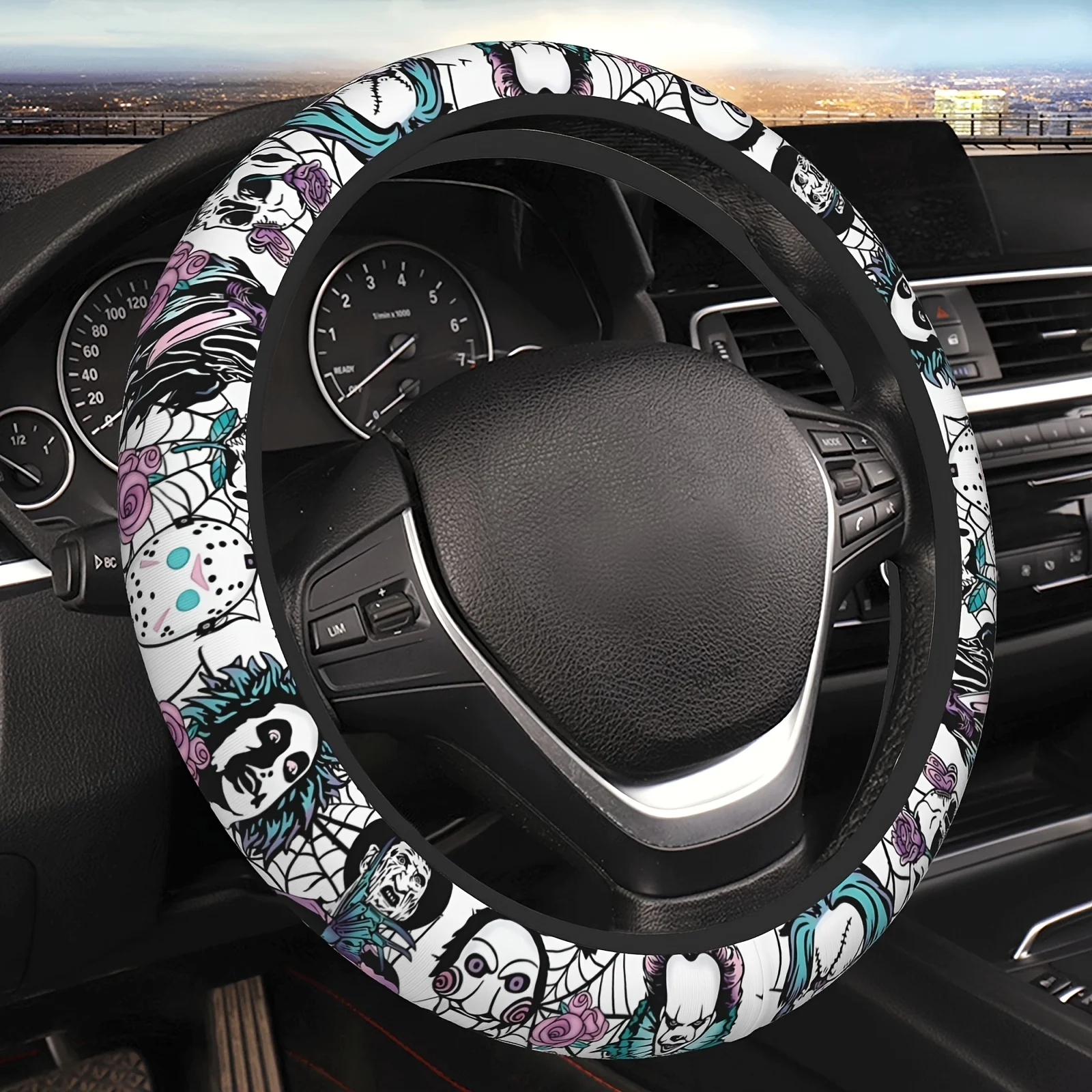 Halloween Horror Movie Floral Pattern Steering Wheel Cover, Thickened Neoprene, 15-Inch, Fits Sedans, SUVs, And More, Halloween