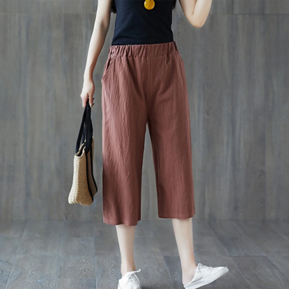 Summer Elastic Waist Women's Pants Casual Solid Cotton Linen Ankle Length Pants Female High Quality Baggy Trousers