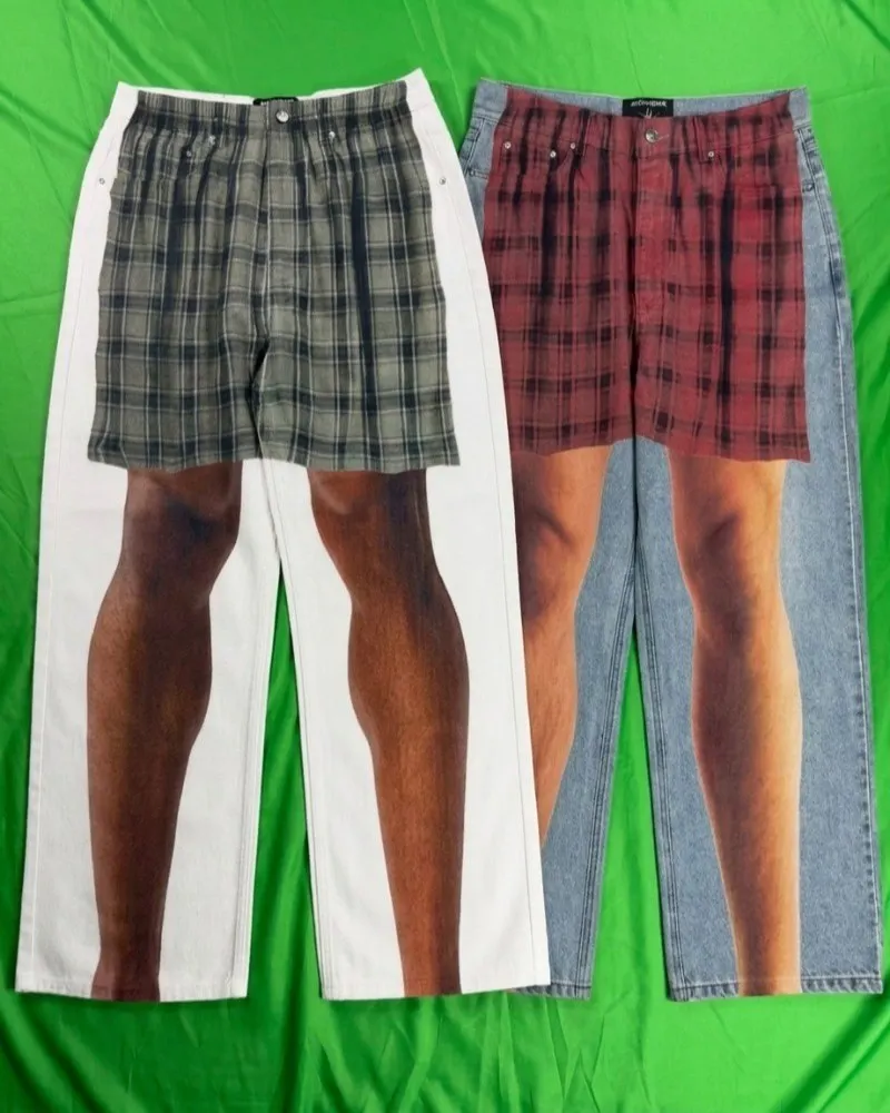 Shorts Xadrez Retrô Y2K Harajuku com Estampa Ilusória, Jeans Baggy de Perna Larga, Calça Jeans Streetwear Estilo Boxe, Moda Masculina e Feminina