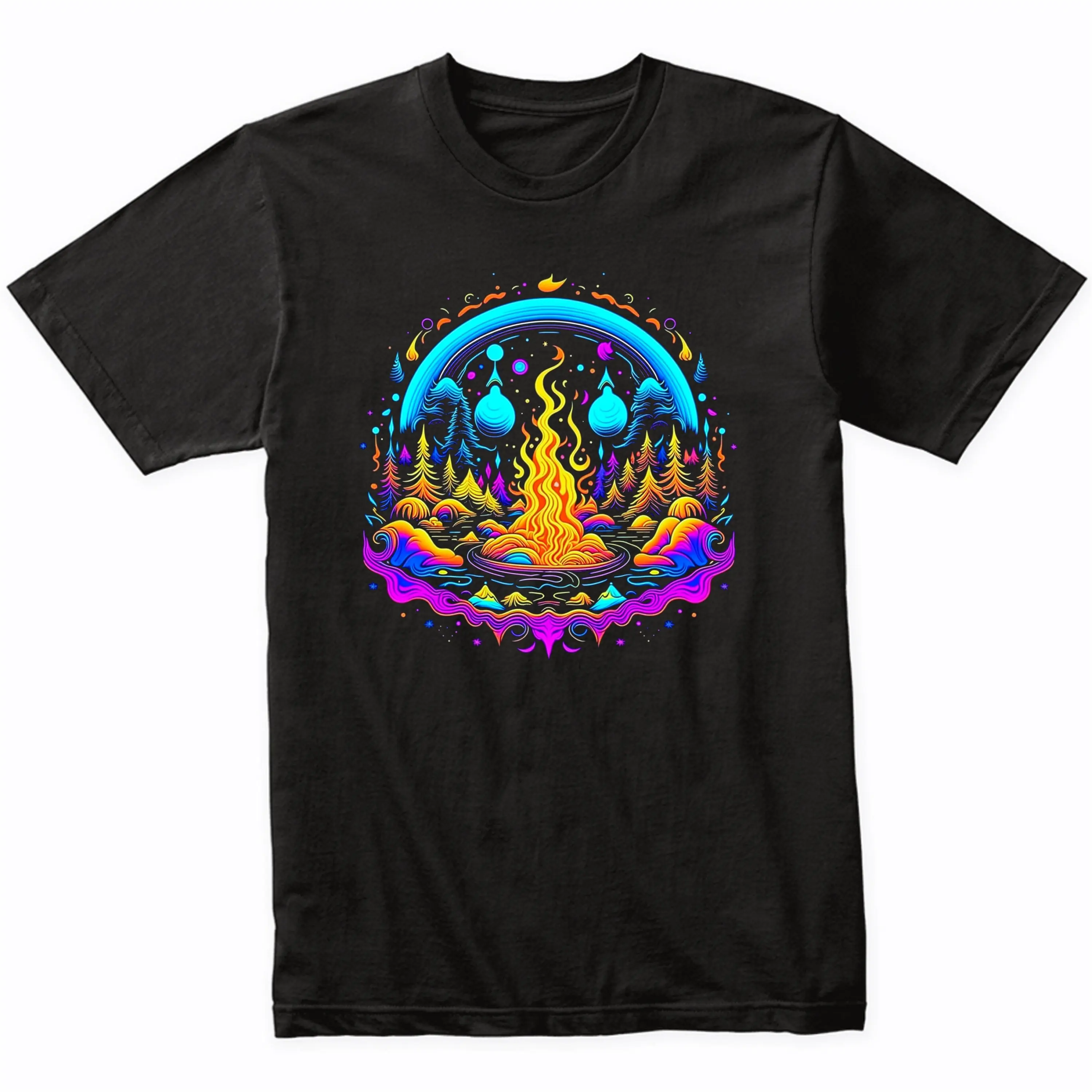 Campfire Psychedelic Camping Art T Shirt Vibrant Colorful Bright Watercolor Rainbow Bon Fire Outdoors Nature Lover