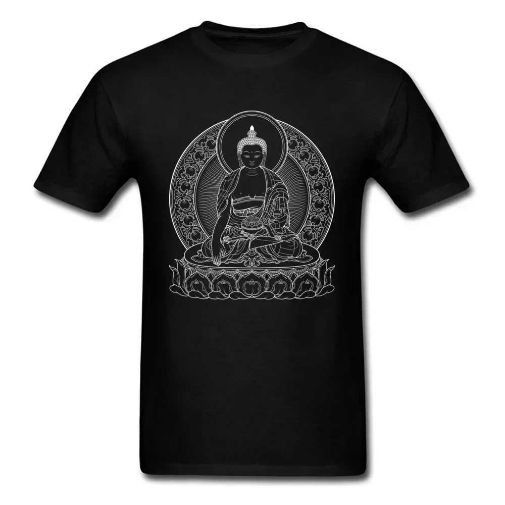 Men T-shirt BUDDHA OUTLINES Black White Cotton Tshirts Crew Neck T Shirt Casual Short Sleeve Tops Tees