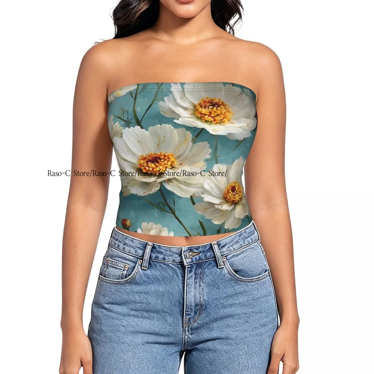 Women strapless blouses sleeveless Chrysanthemums On Blue Background halter-neck sexy short-sleeved blouses