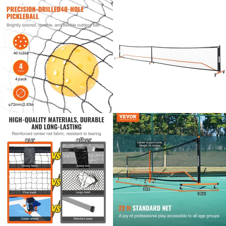 VEVOR Pickleball Net Set 22FT Regulation Size Portable Pickleball System with Carrying Bag Balls and Wheels Weather Resistant S