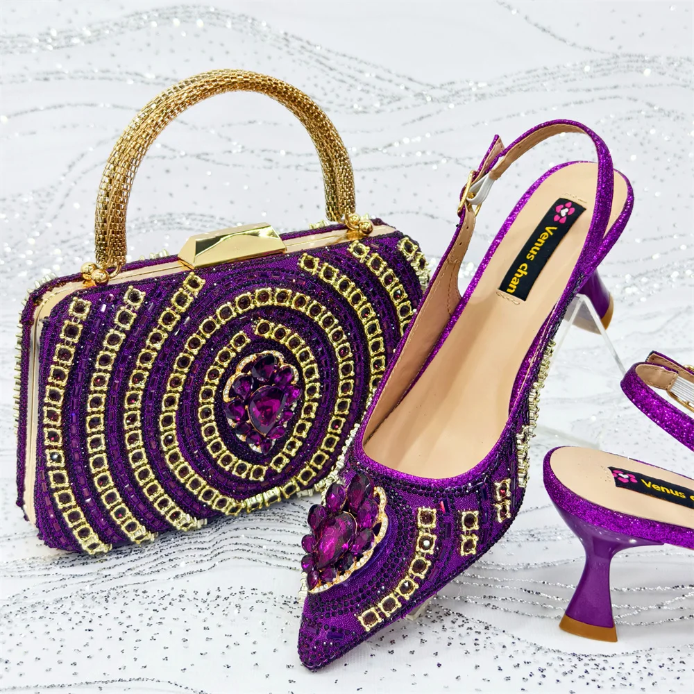 2025 Nigerian Banquet Classics Shoes and Bag Set Fashion Ladies Matching Shoes and Bag High Heels Wedding Party Purple Color